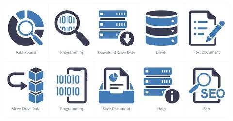 Mix icons as data search, programming, download drive data Stock Illustration