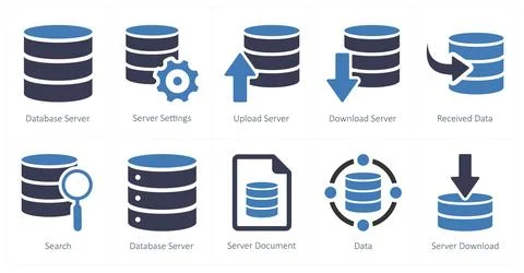 Mix icons as database server, server settings, upload server Stockillustratie