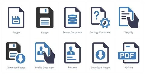 Mix icons as floppy, server document, settings document Stock Illustration