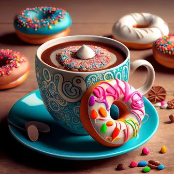 A mix of multi-colored sweet donuts with sprinkles on a wooden background w.. Stock Illustration