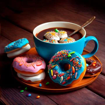 A mix of multi-colored sweet donuts with sprinkles on a wooden background w.. Stock Illustration