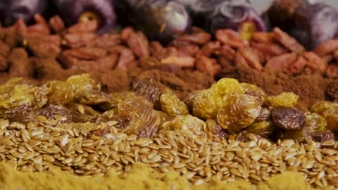 Mix of nuts Almonds, walnuts, peanuts, hazelnuts, seeds, sesame seeds. close-up Stock Footage 153221841