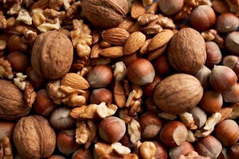 Mix of nuts, closeup Stock Photos
