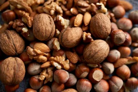 Mix of nuts, closeup Stock Photos