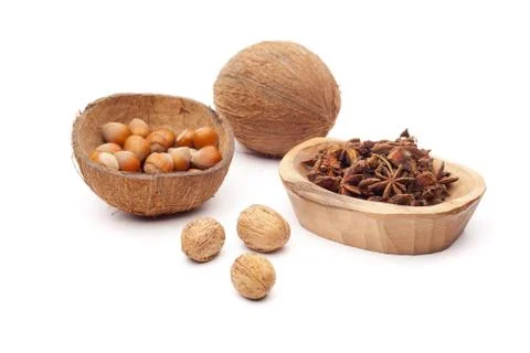 Mix of nuts on white background Stock Photos
