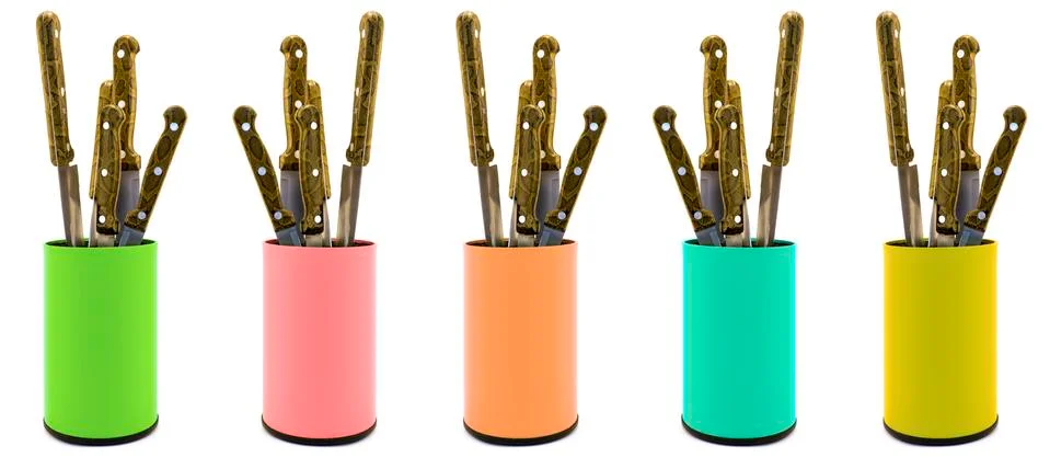 Mix pack of colored plastic kitchen knifes box organizer isolated on white - Stock Photos