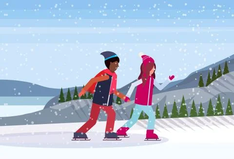 Mix race couple skating ice rink winter sport activities snowy mountain fir t Stock Illustration