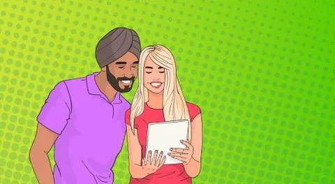 Mix Race Couple Using Tablet Computer Chatting Online Over Pop Art Colorful Stock Illustration