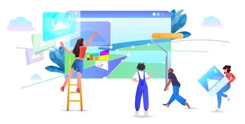 Mix race developers team creating website ui web application development program Stock Illustration