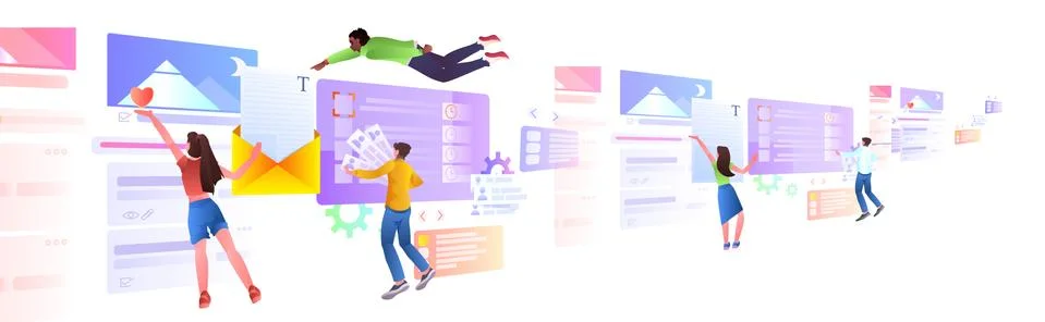 Mix race developers team creating website ui web application development program Stock Illustration