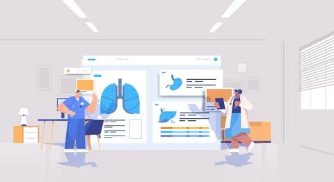 Mix race doctors team learning patient organs analyzing medical data on virtual Ilustración de archivo
