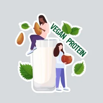 Mix race girls drinking plant based almond hazelnut milk organic dairy free n Stock Illustration
