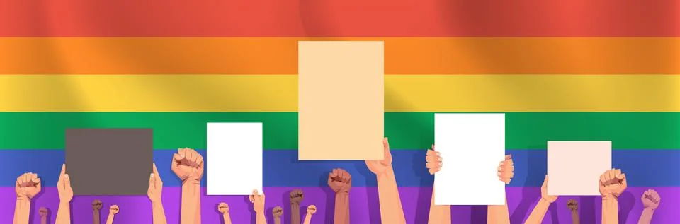 Mix race hands holding empty blank boards lgbt rainbow flag background gay Stock Illustration