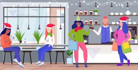 Mix race people drinking coffee men women in santa hats discussing during mee Stock Illustration