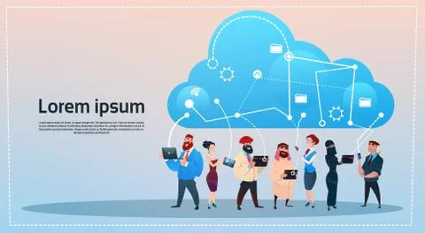 Mix Race People Group Using Gadgets Cloud Database Social Network Communication 스톡 일러스트