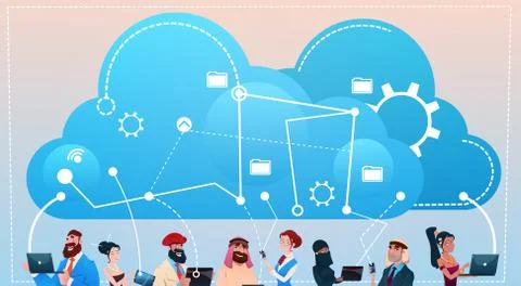 Mix Race People Group Using Gadgets Cloud Database Social Network Communication Illustrazione stock