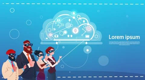 Mix Race People Group Using Gadgets Cloud Database Social Network Communication Illustrazione stock