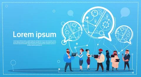 Mix Race People Group Using Gadgets Chat Bubbles Social Network Communication Stock Illustration