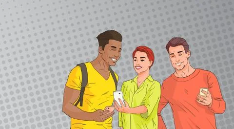 Mix Race People Group Using Cell Smart Phone Chatting Online Over Pop Art Illustrazione stock