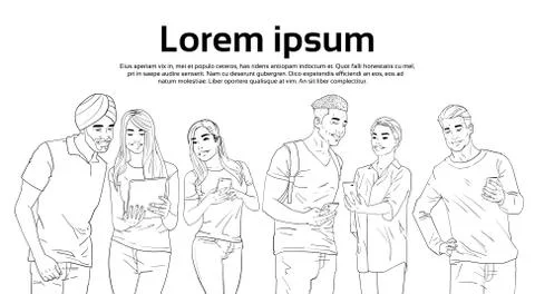 Mix Race People Group Using Cell Smart Phone Chatting Online Sketch Illustrazione stock