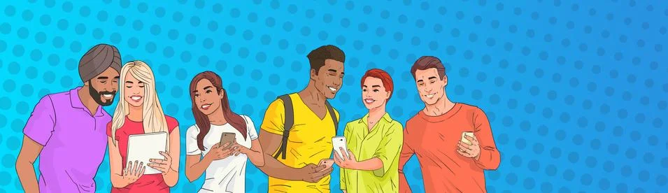 Mix Race People Group Using Cell Smart Phone Chatting Online Over Pop Art イラスト素材