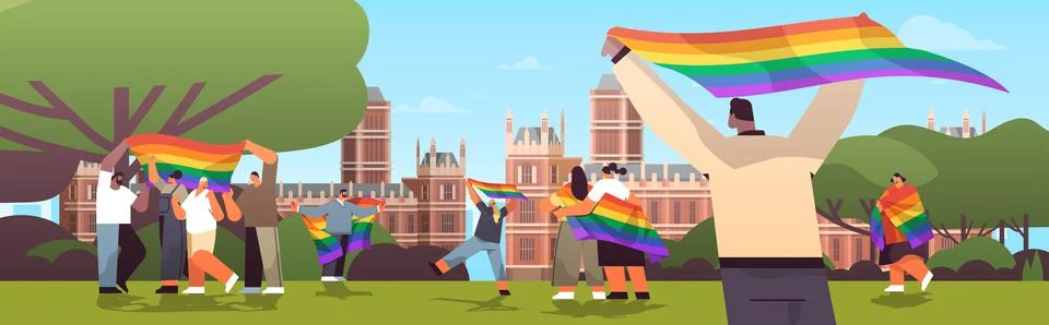 Mix race people holding lgbt rainbow flags gay lesbian love parade pride Stock Illustration