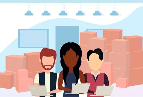 Mix race people loader using tablet application parcel box warehouse interior 스톡 일러스트