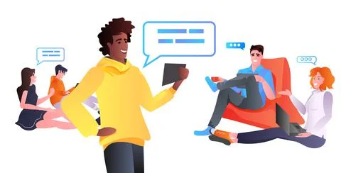 Mix race people using digital gadgets social media network online communication 스톡 일러스트