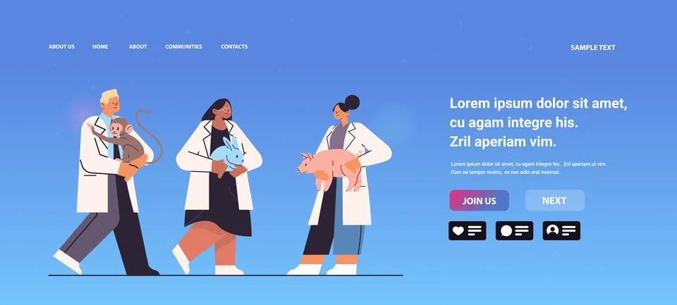 Mix race scientists doing experiments in lab with experimental animals Illustrazione stock