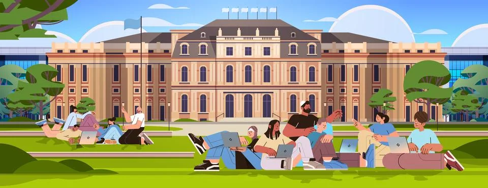 Mix race students group using laptops at campus yard education concept people Stock Illustration
