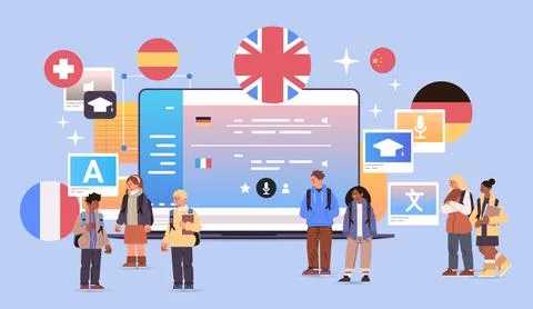 Mix race students learning language on laptop online education e-learning Stock Illustration