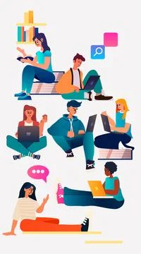 Mix race students using laptop and reading book e-learning online education 스톡 일러스트