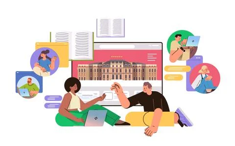 Mix race students using laptops and discussing during meeting near university 库存插图