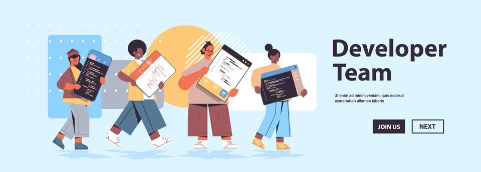 Mix race web developers creating program code development of software and Stock Illustration