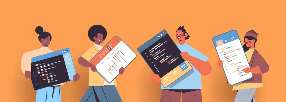 Mix race web developers creating program code development of software and Stock Illustration
