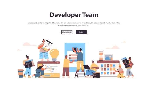 Mix race web developers team creating program code application development Stock Illustration