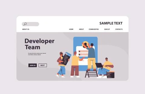 Mix race web developers team creating program code application development Stock Illustration