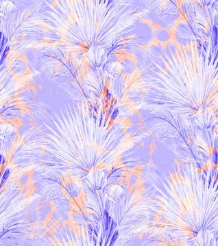 Mix of seamless tropical pattern with palm and monstera leaves and purple Illustrazione stock