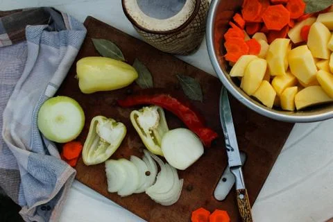 Mix of sliced vegetables on the table. Stock Photos