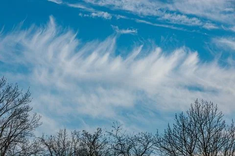 A mix of thin wispy cirrus clouds and soft puffy clouds float against a vibrant. Stock Photos