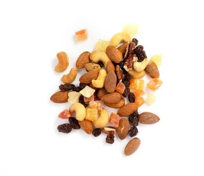 Mix of various nuts and dried fruit on white, Almonds, Raisins, Nuts, top vie Stock Photos