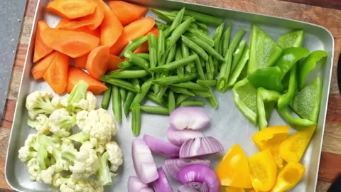 Mix vegetables in dish  ready for cooking Video stock 286866582
