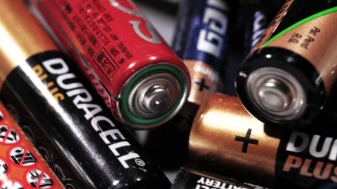 Mixed Branded Batteries Rotating Close Up Stock Footage 331278135