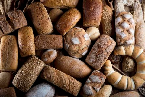 Mixed bread top view shot. Stock Photos
