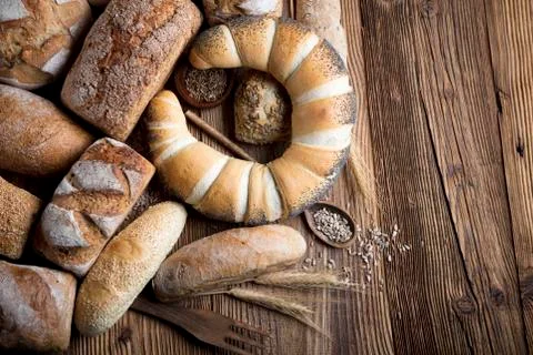 Mixed bread top view shot. Stock Photos