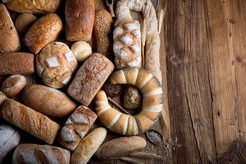 Mixed bread top view shot. Stock Photos