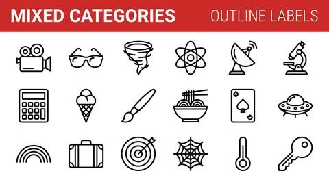 Mixed Categories Outline Labels - Diverse Collection of Icons for Science, .. Stock Illustration