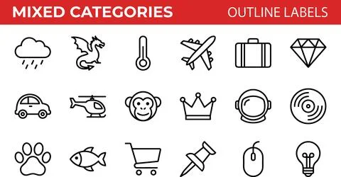 Mixed Categories Outline Labels Set - Diverse Icons for Various Themes. Stock Illustration