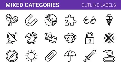 Mixed Categories Outline Labels Set Vector Illustration. Stock Illustration
