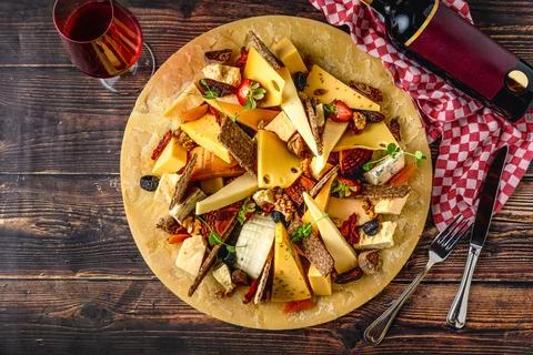 Mixed cheese platter served with wine bottle on rustic table Stock Photos